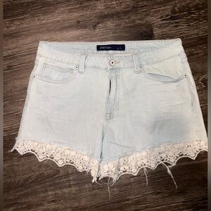 Light Blue Denim Shorts with Lace Trim